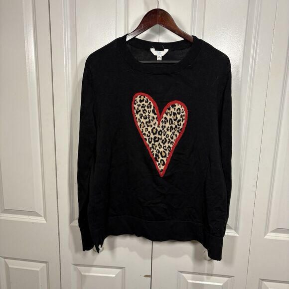 Time & True Womens XL Sweater Black Leopard Heart Graphic Knit Boho Casual Chic - Picture 1 of 7